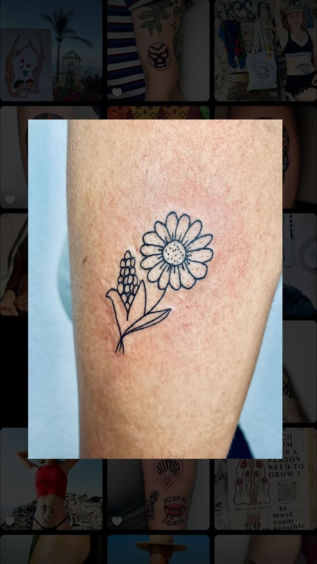 Fine line daisy and lavender flower tattoo